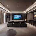 A high-tech entertainment room with a massive TV screen, surround sound speakers, reclining chairs, and a popcorn machine1 Royalty Free Stock Photo