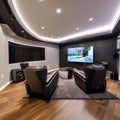 A high-tech entertainment room with a massive TV screen, surround sound speakers, reclining chairs, and a popcorn machine3 Royalty Free Stock Photo