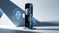 High tech facial scan device with digital holograms and advanced AI security system, showcasing biometric access control Royalty Free Stock Photo