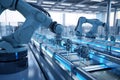In a high-tech factory, robotic arms work efficiently to assemble various components, surrounded by sleek machinery and artificial