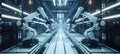 Futuristic Drone Assembly Line with Robotic Arms in High-Tech Factory