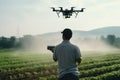 High-tech farming: drone aids field farming, spraying crop health and irrigation.