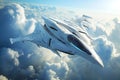 A high-tech fighter jet soars through the sky, showcasing its advanced design and agility, A futuristic fighter aircraft hovering