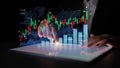 High-Tech Financial Analysis with Stock Market Data Visualization and Digital Tablet Interaction in Dark Background Royalty Free Stock Photo