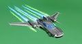 High-Tech Flying Car Emitting Vibrant Green and Blue Energy on Solid Green Royalty Free Stock Photo