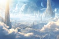 High-tech Future city clouds. Fog sky tower