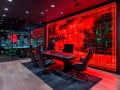 A high-tech, futuristic command center with a large desk for multiple users, featuring computer monitors displaying real Royalty Free Stock Photo