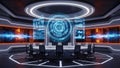 Futuristic control room with holographic interface and data visualization Royalty Free Stock Photo