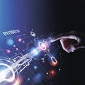 High-Tech Futuristic Digital Control Panel with Hand Activating Glowing Circuitry & Binary Royalty Free Stock Photo