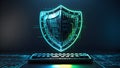 Digital Code Shield Floating Above Keyboard with Neon Cybersecurity Theme Royalty Free Stock Photo