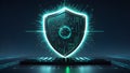 Digital Code Shield Floating Above Keyboard with Neon Cybersecurity Theme Royalty Free Stock Photo