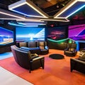 A high-tech gaming lounge with immersive virtual reality setups, motion-sensor gaming, and neon lighting3, Generative AI