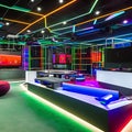 A high-tech gaming lounge with immersive virtual reality setups, motion-sensor gaming, and neon lighting2, Generative AI