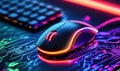 High-Tech Gaming Mouse with LED Design on Circuit-Themed Mousepad Royalty Free Stock Photo