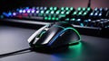 A Vibrant Gaming Setup Featuring a Sleek Illuminated Mouse Against a Backdrop of Colorful Keyboards Royalty Free Stock Photo