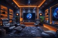 High-tech gaming room with surround sound LED lighting