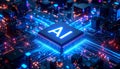 High-Tech Glow: Blue and Purple AI Chipset with Dynamic Circuitry Royalty Free Stock Photo