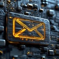 High tech golden envelope on a circuit board symbolizing encrypted email and cybersecurity with futuristic visualizations of da