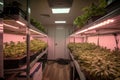 high-tech grow room with automated lighting, temperature, and humidity controls