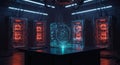 Futuristic Hacking Laboratory with Digital Interface and Neon Red and Blue Lights Royalty Free Stock Photo