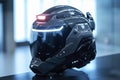 A high-tech helmet with a built-in heads-up display is placed on top of a table Royalty Free Stock Photo