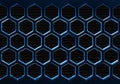 High tech hexagonal cellular surface with blue neon color borders. Black honeycomb electronic texture. Abstract technological