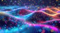 High-tech hologram with dynamic particle wave, fluid motion, and vibrant color spectrum. Hologram dynamic wave of