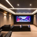 A high-tech, home cinema with a 4K projector, plush theater seating, and a concession stand1, Generative AI