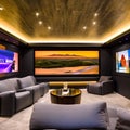 A high-tech, home cinema with a 4K projector, plush theater seating, and a concession stand2, Generative AI