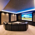 A high-tech, home cinema with a 4K projector, plush theater seating, and a concession stand2, Generative AI