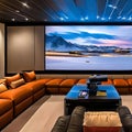 A high-tech, home cinema with a 4K projector, plush theater seating, and a concession stand3, Generative AI