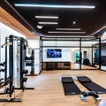 High-Tech Home Gym: A futuristic home gym with interactive workout equipment, virtual reality training, and a smart fitness trac
