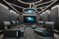 high-tech home theater with plush seating and immersive surround sound, ready for viewing or gaming