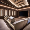 A high-tech home theater with reclining leather seats, a massive screen, surround sound speakers, and LED ambient lighting2
