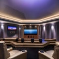 A high-tech home theater with reclining leather seats, a massive screen, surround sound speakers, and LED ambient lighting1