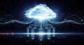 Glowing Cloud Icon Over Connected Servers with Dynamic Data Flow Royalty Free Stock Photo