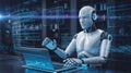 Futuristic Humanoid Robot Working on a Laptop with Holographic Data Displays in a High-Tech Laboratory Royalty Free Stock Photo