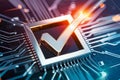 High tech image metallic checkmark amidst digital circuitry, futuristic precision and innovation