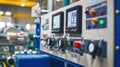 High-tech industrial control panel with digital displays in a modern factory Royalty Free Stock Photo