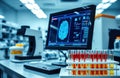 High-tech lab environment shows advanced forensic tools. Fingerprint analysis scanner on computer screen. Test tubes with liquid
