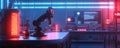 Robot team conducts testing of automation scripts in futuristic lab environment with glowing displays Royalty Free Stock Photo