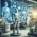 A high-tech laboratory with advanced robots performing various tasks