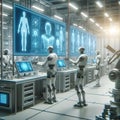 A high-tech laboratory with advanced robots performing various tasks.
