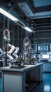 A high-tech laboratory with advanced robots performing various tasks.