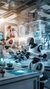 A high-tech laboratory with advanced robots performing various tasks.