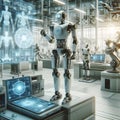 A high-tech laboratory with advanced robots performing various tasks.