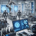 A high-tech laboratory with advanced robots performing various tasks