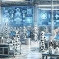 A high-tech laboratory with advanced robots performing various tasks