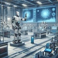 A high-tech laboratory with advanced robots performing various tasks