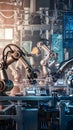 A high-tech laboratory with advanced robots performing various tasks.